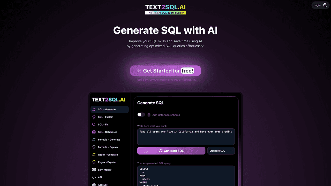 Text2SQL.AI website